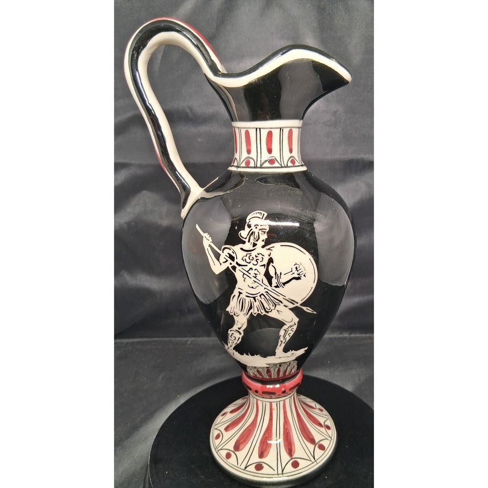 Vintage Cucchi Maraco San Marino Greek Warrior Ceramic Pitcher Ewer Black Red